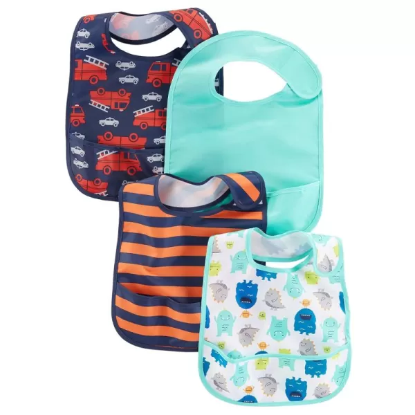 Simple Joys by Carters Baby 4 Pack Feeder Bibs dinoowlsmintnavy hearts One SizeTeal Blue  FiretruckMonsterStripe