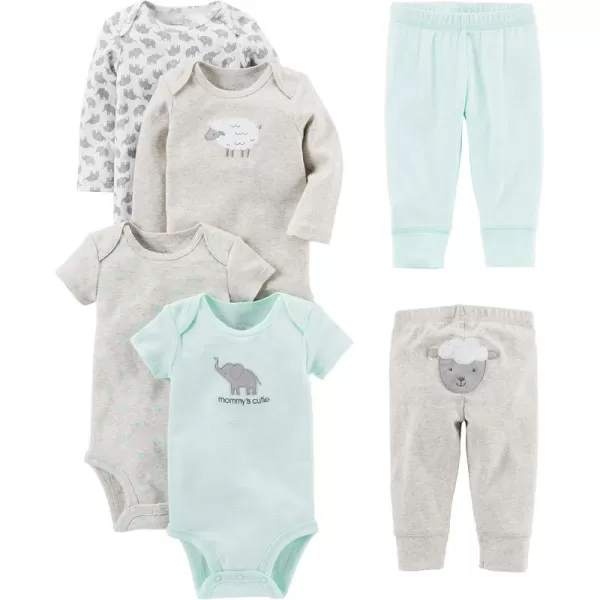 Simple Joys by Carters babyboys 6piece Bodysuits Short and Long Sleeve and Pants SetGreyMint GreenElephantLamb