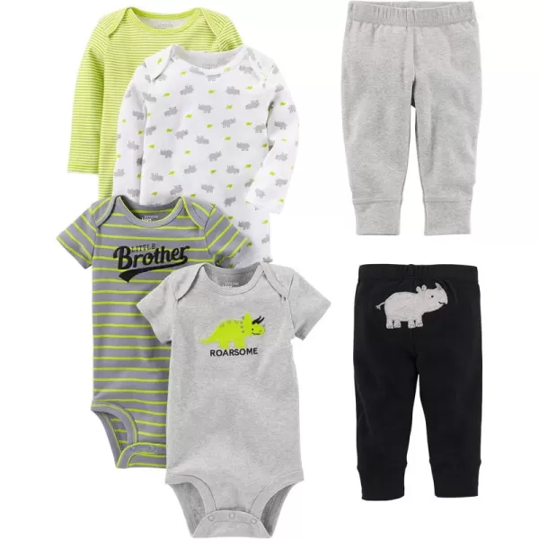 Simple Joys by Carters babyboys 6piece Bodysuits Short and Long Sleeve and Pants SetMulticolorDinosaurRhinoStripeText Print