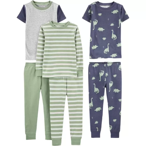 Simple Joys by Carters Boys 6Piece Snug Fit Cotton Pajama SetGreen StripeGrey HeatherIndigo Wash Dinosaur