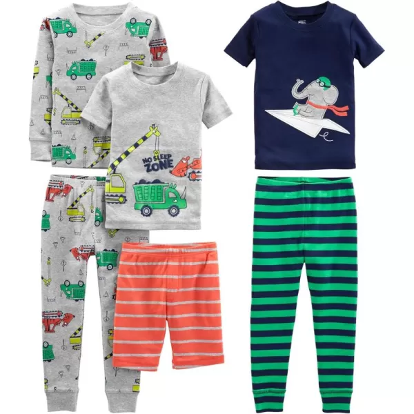 Simple Joys by Carters Boys 6Piece Snug Fit Cotton Pajama SetGreen StripeGrey TrucksNavy ElephantOrange Stripe