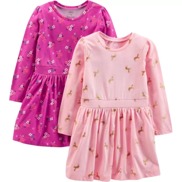 Simple Joys by Carters Girls 2Pack Stretch Rib DressesBlush UnicornDark Pink Floral