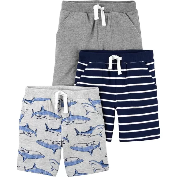 Simple Joys by Carters Babies Toddlers and Boys Knit Shorts Pack of 3GreyLight Grey Heather SharksNavy Stripe