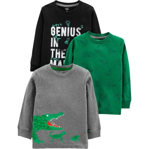 Simple Joys by Carters Boys 3Pack Long Sleeve ShirtsBlack GeniusGreen RocketGrey Crocodile