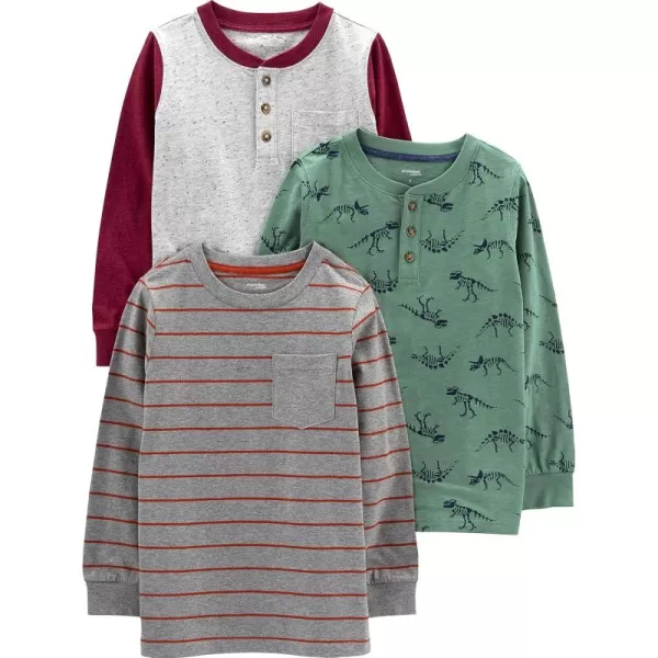 Simple Joys by Carters Boys 3Pack Long Sleeve ShirtsDark Grey StripeGrey DotsSpruce Green Dinosaur