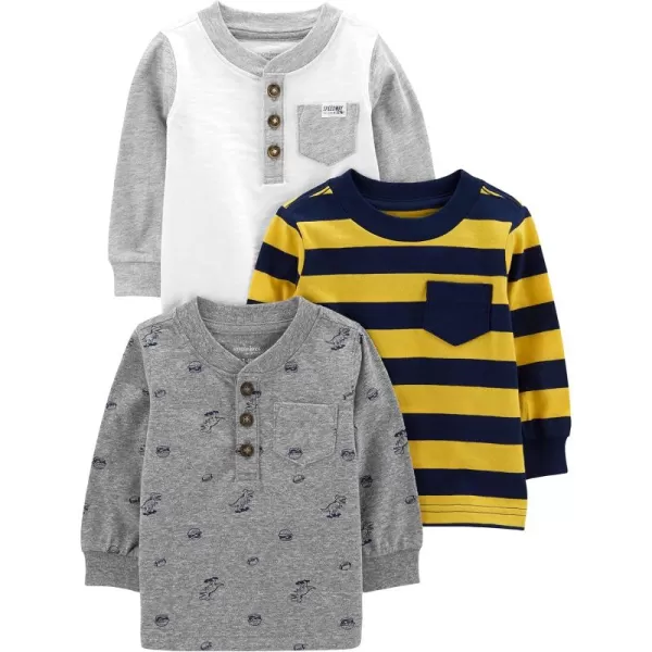 Simple Joys by Carters Boys 3Pack Long Sleeve ShirtsGrey DinosaurWhiteYellow Stripe