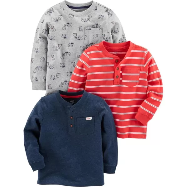 Simple Joys by Carters Boys 3Pack Long Sleeve ShirtsGrey DogsNavy HeatherRed Double Stripe