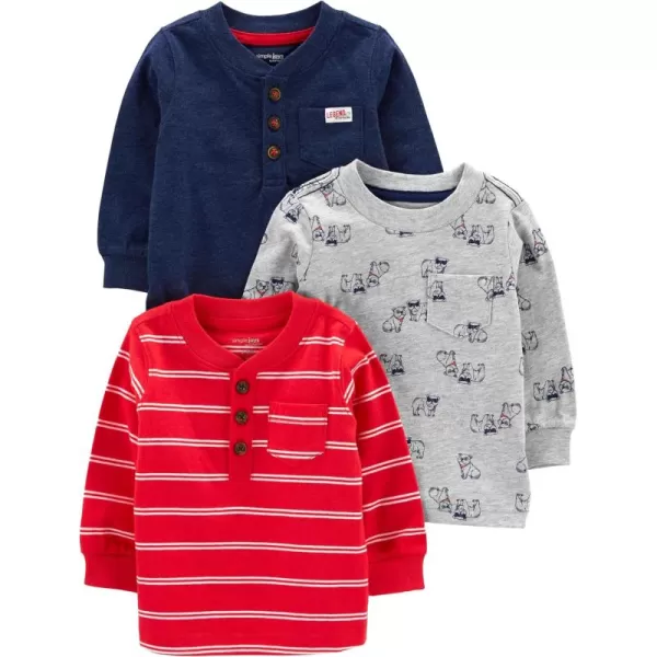 Simple Joys by Carters Boys 3Pack Long Sleeve ShirtsGrey DogsNavyRed Double Stripe