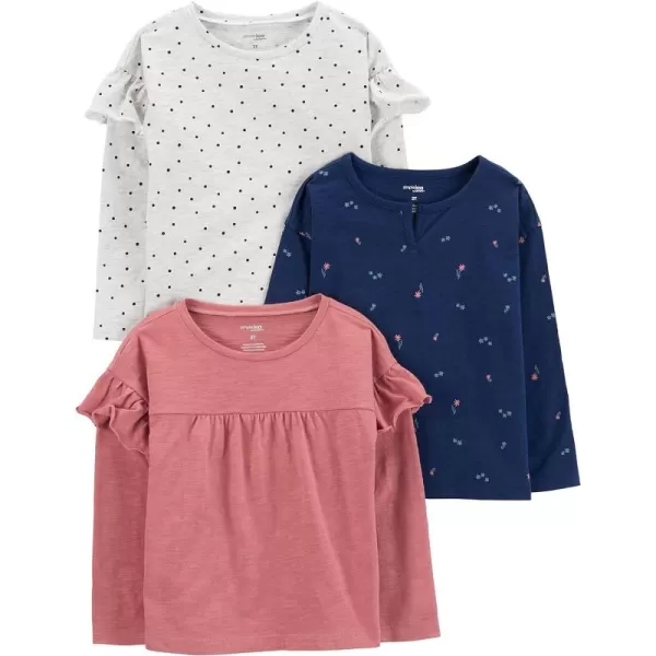 Simple Joys by Carters Girls LongSleeve Shirts Pack of 3BlushGrey DotsNavy Flowers