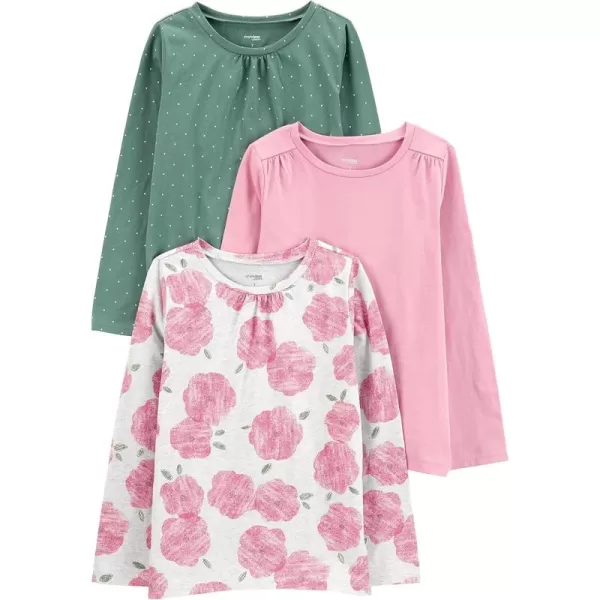 Simple Joys by Carters Girls LongSleeve Shirts Pack of 3Green DotsGrey FloralPink