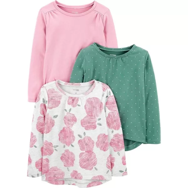 Simple Joys by Carters Girls LongSleeve Shirts Pack of 3Green DotsPinkFloral