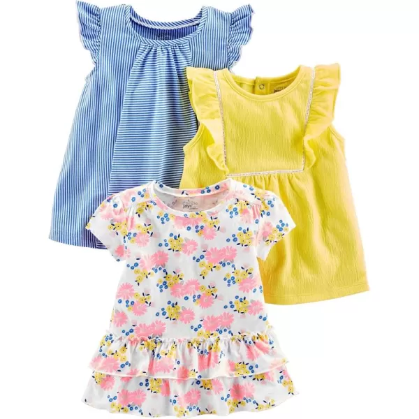 Simple Joys by Carters Girls ShortSleeve Shirts and Tops Pack of 3Blue StripeWhite FloralYellow