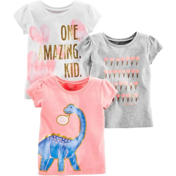 Simple Joys by Carters Girls ShortSleeve Shirts and Tops Pack of 3Grey HeartsPink DinosaurWhite Text Print