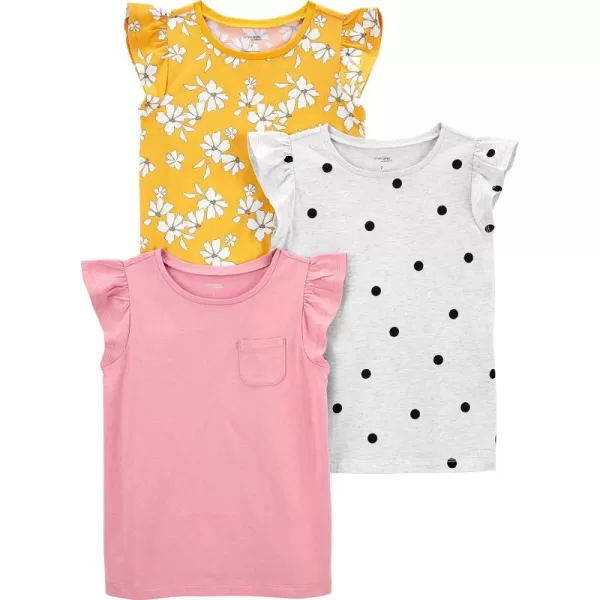 Simple Joys by Carters Girls ShortSleeve Shirts and Tops Pack of 3Grey Polka DotPinkYellow Flowers