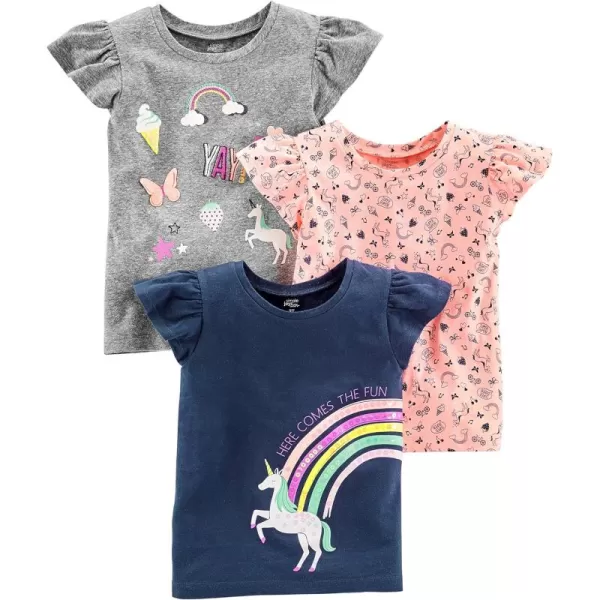 Simple Joys by Carters Girls ShortSleeve Shirts and Tops Pack of 3Grey RainbowLight Orange Mixed PrintNavy Unicorn