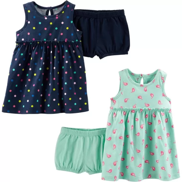 Simple Joys by Carters Girls ShortSleeve and Sleeveless Dress Sets Pack of 2Mint Green BirdsNavy Dots