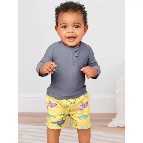 Simple Joys by Carters Toddlers and Baby Boys Swimsuit Trunk and Rashguard SetDark GreyYellow Shark