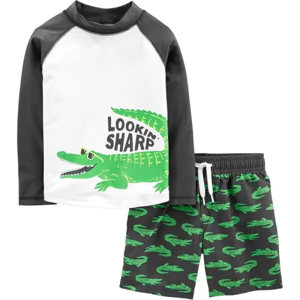 Simple Joys by Carters Toddlers and Baby Boys Swimsuit Trunk and Rashguard SetBlack Crocodile Print