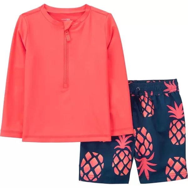 Simple Joys by Carters Toddlers and Baby Boys Swimsuit Trunk and Rashguard SetCoral OrangeNavy Pineapple