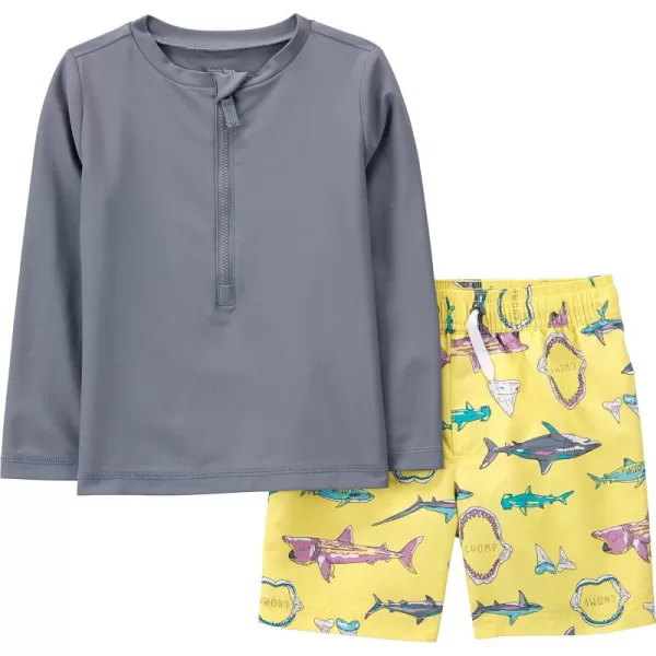 Simple Joys by Carters Toddlers and Baby Boys Swimsuit Trunk and Rashguard SetDark GreyYellow Shark