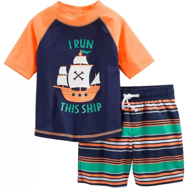 Simple Joys by Carters Toddlers and Baby Boys Swimsuit Trunk and Rashguard SetNavy Orange ShipsWhite Stripe