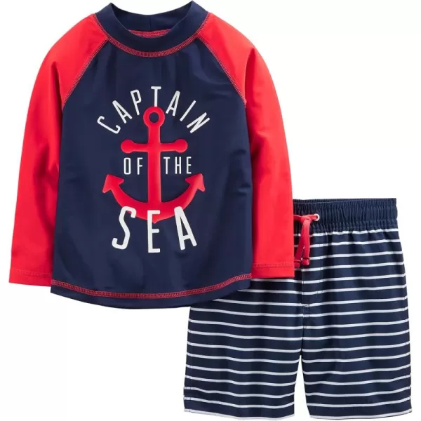 Simple Joys by Carters Toddlers and Baby Boys Swimsuit Trunk and Rashguard SetNavy Red AnchorWhite Stripe