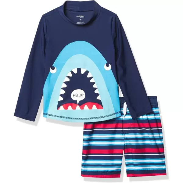 Simple Joys by Carters Toddlers and Baby Boys Swimsuit Trunk and Rashguard SetNavy SharkRed Stripe