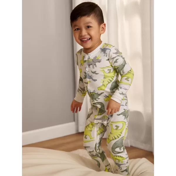 Simple Joys by Carters Toddlers and Baby Boys SnugFit Footed Cotton Pajamas Pack of 3Navy StripeSage Green ConstructionWhite Dinosaur