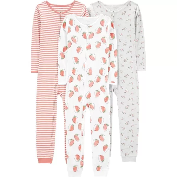 Simple Joys by Carters Kids 3Pack Snug Fit Footless Cotton PajamasGrey FloralPink StripeWhite Strawberry