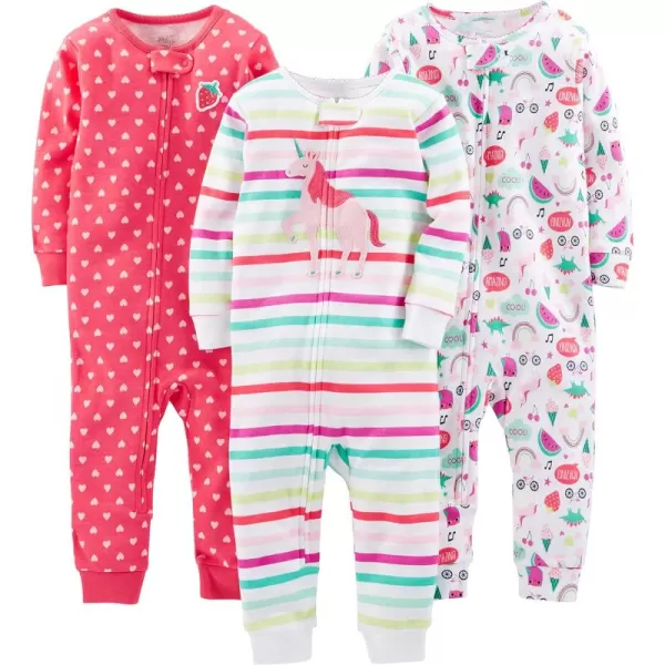 Simple Joys by Carters Kids 3Pack Snug Fit Footless Cotton PajamasPink HeartsWhite UnicornOwl