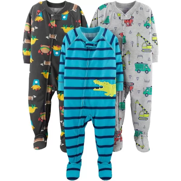 Simple Joys by Carters Toddlers and Baby Boys LooseFit Polyester Jersey Footed Pajamas Pack of 3Blue AlligatorDark Grey Fun FoodGrey Trucks