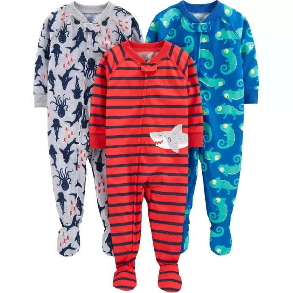 Simple Joys by Carters Toddlers and Baby Boys LooseFit Polyester Jersey Footed Pajamas Pack of 3Blue ChameleonGrey SharkRed Stripe