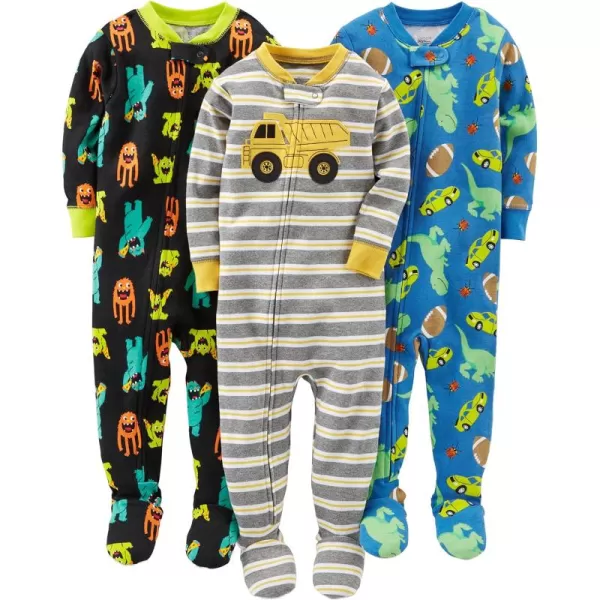 Simple Joys by Carters Toddlers and Baby Boys SnugFit Footed Cotton Pajamas Pack of 3Black MonsterBlue DinosaurGrey Stripe