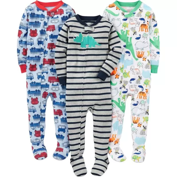 Simple Joys by Carters Toddlers and Baby Boys SnugFit Footed Cotton Pajamas Pack of 3Blue FiretruckGrey StripeWhite Dinosaur