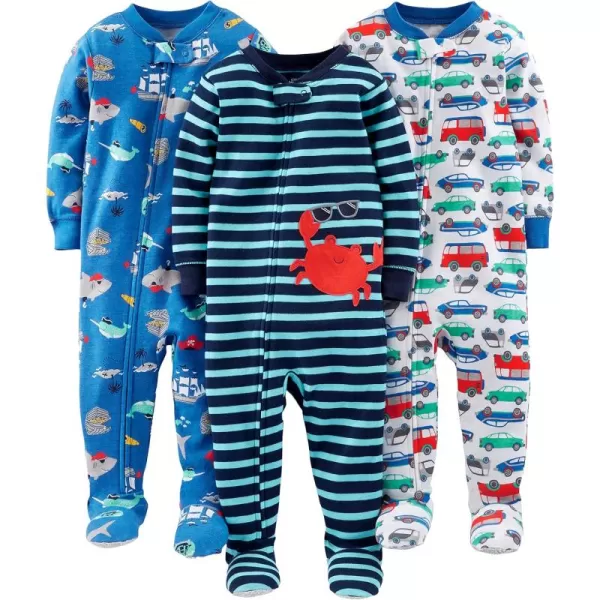 Simple Joys by Carters Toddlers and Baby Boys SnugFit Footed Cotton Pajamas Pack of 3Blue Sea LifeNavy StripeWhite Cars