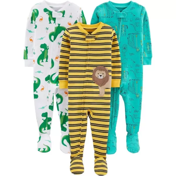 Simple Joys by Carters Toddlers and Baby Boys SnugFit Footed Cotton Pajamas Pack of 3DinosaurDouble StripeForest Animals