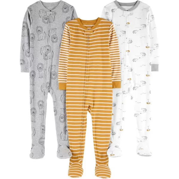 Simple Joys by Carters Toddlers and Baby Boys SnugFit Footed Cotton Pajamas Pack of 3Gold StripeGrey LionWhite Rhino