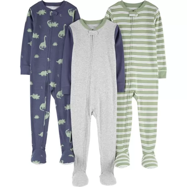 Simple Joys by Carters Toddlers and Baby Boys SnugFit Footed Cotton Pajamas Pack of 3Green StripeGrey HeatherIndigo Wash Dinosaur