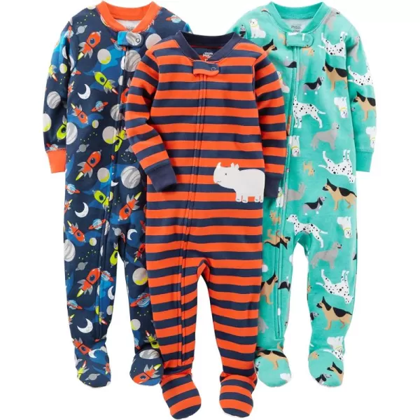 Simple Joys by Carters Toddlers and Baby Boys SnugFit Footed Cotton Pajamas Pack of 3Navy SpaceRust StripeTurquoise Green Dogs