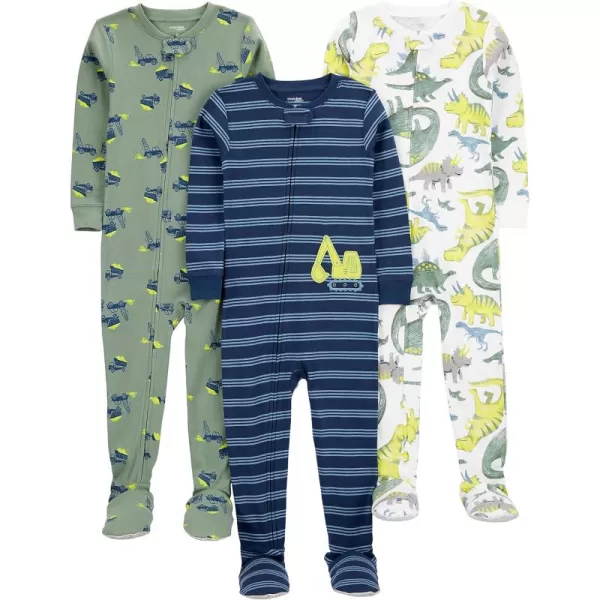 Simple Joys by Carters Toddlers and Baby Boys SnugFit Footed Cotton Pajamas Pack of 3Navy StripeSage Green ConstructionWhite Dinosaur