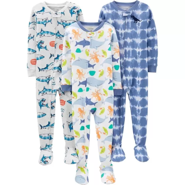 Simple Joys by Carters Toddlers and Baby Boys SnugFit Footed Cotton Pajamas Pack of 3Sea LifeSharkTie Dye