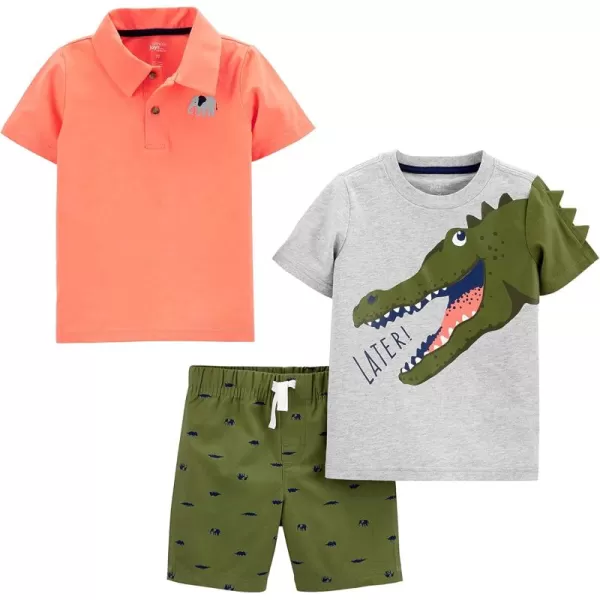 Simple Joys by Carters babyboys 3piece Playwear SetCoral Orange ElephantGreen DinosaurGrey Alligator