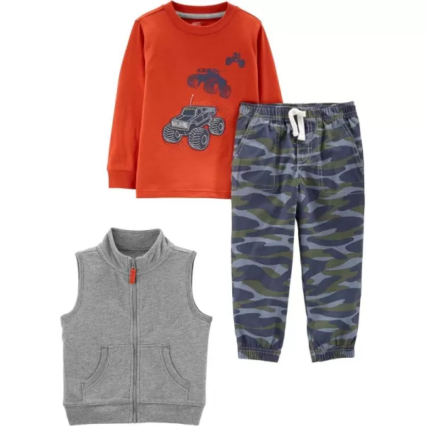 Simple Joys by Carters babyboys 3piece Playwear SetGrey HeatherNavy CamoOrange Trucks