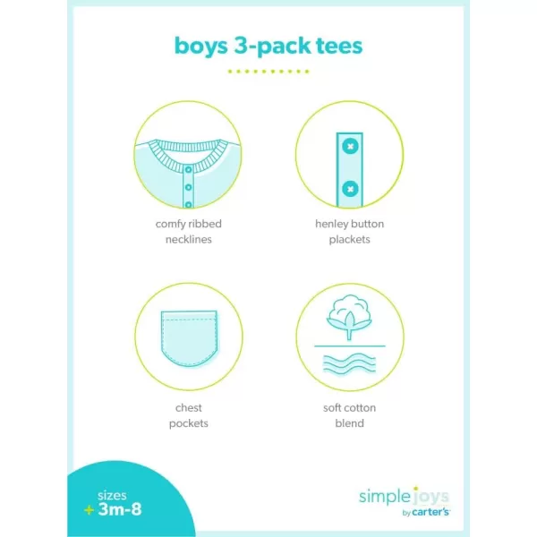 Simple Joys by Carters Baby Boys 3Pack ShortSleeve Tee ShirtsBlue HeatherGrey Heather DotsNavy Stripe