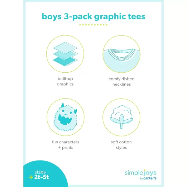 Simple Joys by Carters Baby Boys 3Pack ShortSleeve Tee ShirtsBlue SlothCharcoal StripeGrey Dinosaur