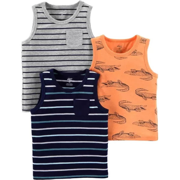 Simple Joys by Carters Baby Boys 3Pack Muscle Tank TopsGrey StripeLight Orange AlligatorNavy Double Stripe