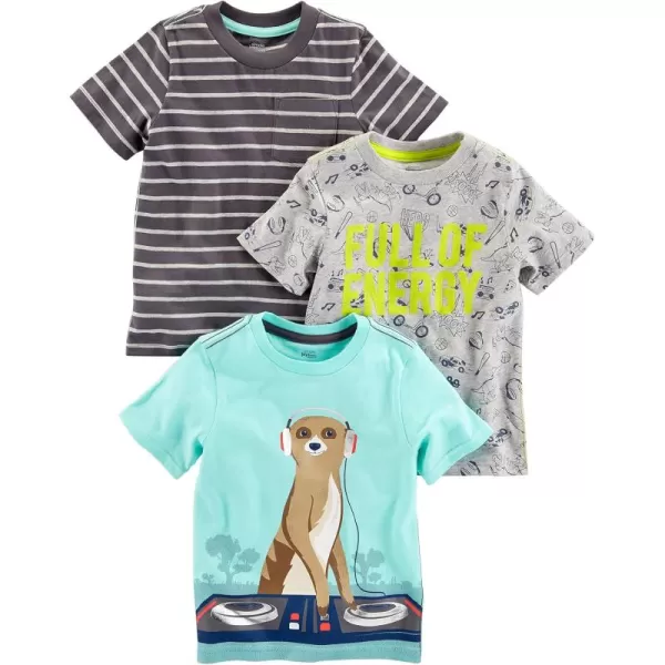 Simple Joys by Carters Baby Boys 3Pack ShortSleeve Tee ShirtsBlue SlothCharcoal StripeGrey Dinosaur