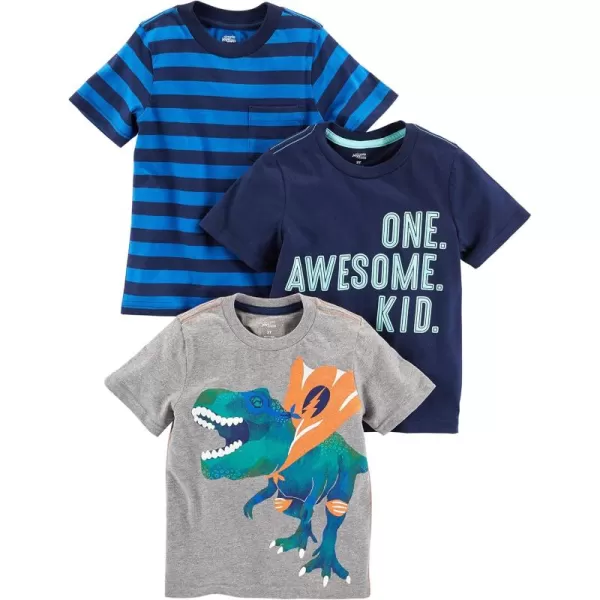 Simple Joys by Carters Baby Boys 3Pack ShortSleeve Tee ShirtsBlue StripeGrey DinosaurNavy Text Print