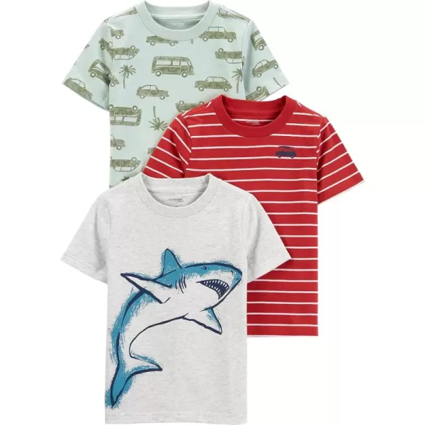 Simple Joys by Carters Baby Boys 3Pack ShortSleeve Tee ShirtsLight Green CarsRed StripeWhite Shark