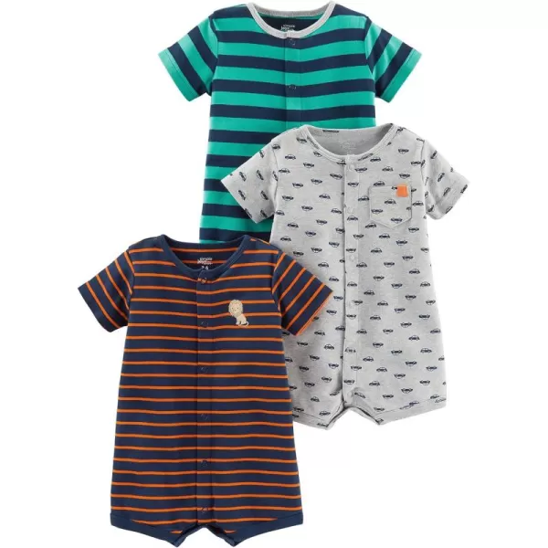 Simple Joys by Carters unisexbaby 3pack Snapup RompersGrey CarsNavy LionTurquoise Green Horizontal Stripe